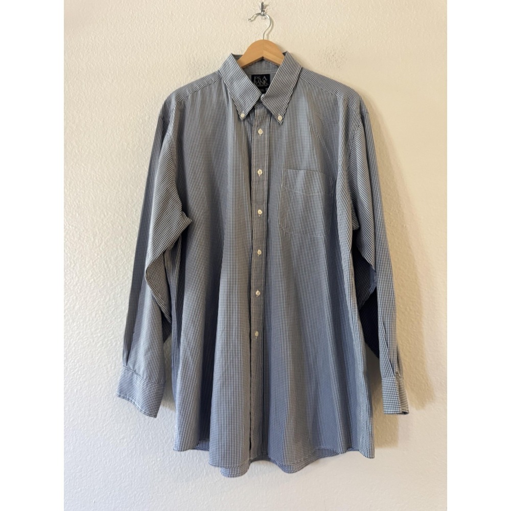Jos. A. Bank Dress Shirt Mens 17 32/33 Blue Gingham 100% Cotton Button Down